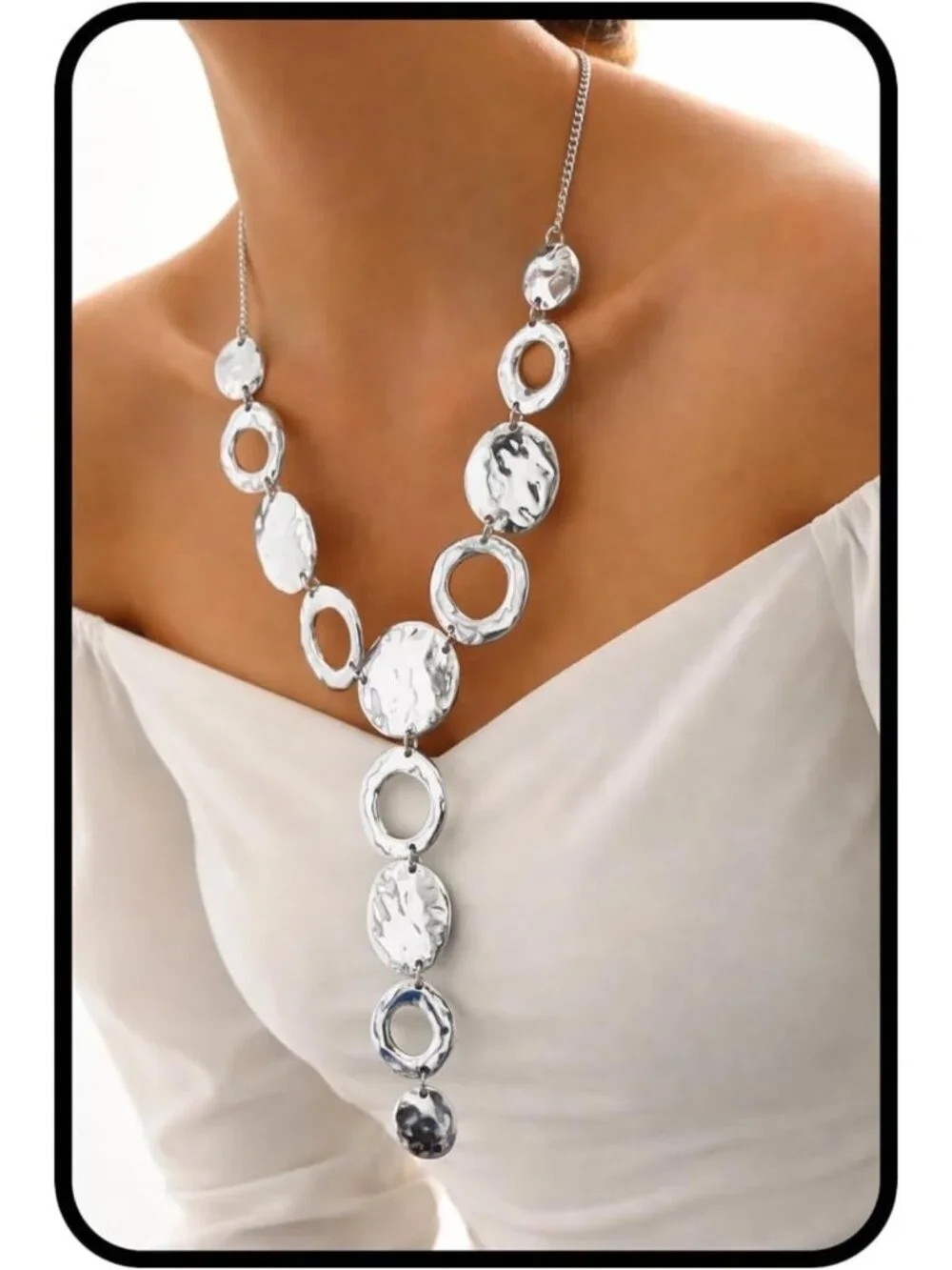 Trendy Chunky Silver & Gold Statement Necklace, Long Geometric Bib Pendant